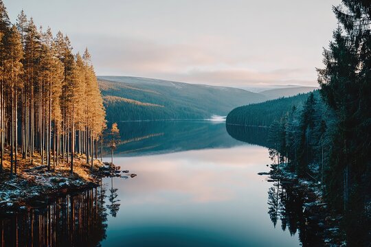 Calm lake reflecting autumn trees and mountains