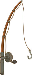 A fishing rod with a curved wooden handle and a metal fishing hook.