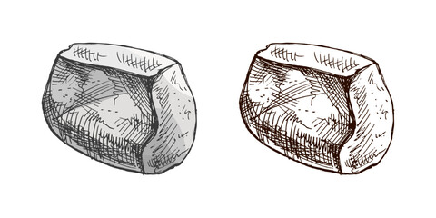 Hand drawn vintage sketch of decorative stone in grey and brown colors, color and monochrome version, vector set