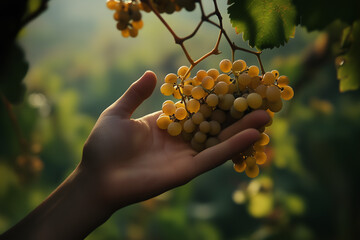 A young hand holding a bunch of green grapes in a vineyard.