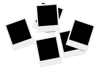 Blank instant camera photo frames, Polaroid-style, white borders, black inner areas, overlapping on seamless brilliant white background with copy space, clean studio lighting, top-down,