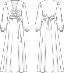 Long sleeve wrap dress technical fashion sketch, elegant maxi dress flat drawing with belt and gathers for apparel CAD design