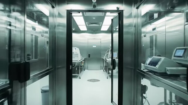 Interior Bioethics Regulatory Compliance Zone with Stainless Steel Door and Medical Equipment Cool Fluorescent Lighting