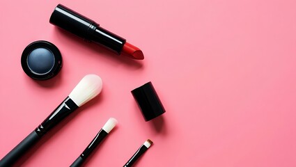 Makeup Flat Lay on Pink Background Featuring Lipstick Brushes and Eyeshadow for Beauty and Cosmetics Product Photography
