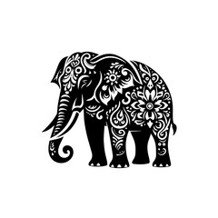 Fototapeta premium Intricate Black and White Tribal Elephant Silhouette with Floral Patterns.