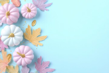 Pastel Pumpkins and Leaves on Blue Background for Autumn Decor.