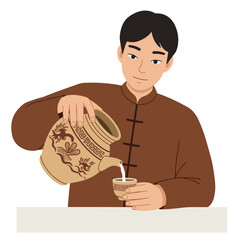 Person pouring rice wine in flat vector style, warm cultural setting, clean composition on white background