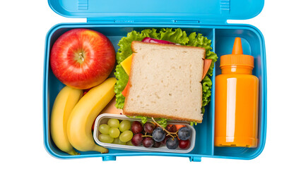 Healthy lunchbox ideas for kids with sandwich apple banana and grapes for school lunch isolated on transparent background