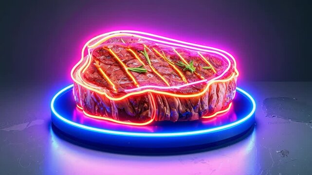 Juicy grilled steak with neon lights creating a vibrant, modern presentation.