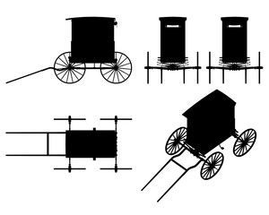 Black and white silhouettes of horse-drawn carriages arranged in a line on a clean white background. Each retro cart features unique designs, detailed wheels, canopies, and seats.