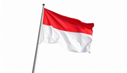 "Indonesian national flag with red and white horizontal bands, waving on a flagpole against clear sky."