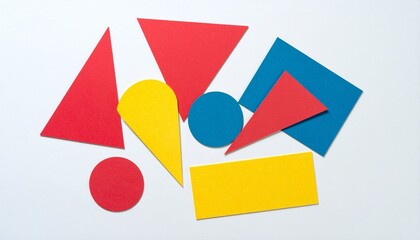 "Assorted colorful geometric shapes including triangles, circles, rectangles, and semicircles on white background.