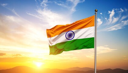 "Indian national flag with Ashoka Chakra flying against a scenic mountain landscape and vibrant sky at sunrise or sunset."
