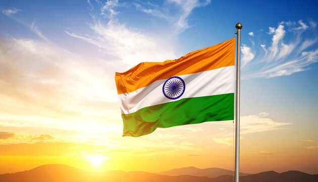 "Indian national flag with Ashoka Chakra flying against a scenic mountain landscape and vibrant sky at sunrise or sunset." - Powered by Adobe