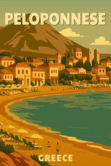 Poster Travel Greece Peloponnese, resort white buildings, beach, vector illustration