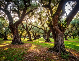 Sunlight filtering through ancient olive trees
