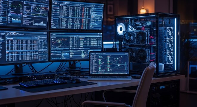 High-Performance Workstation with Multiple Monitors Displaying Data Analysis