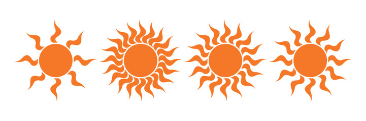 four stylized orange groovy suns set with radiating fiery rays on a white background