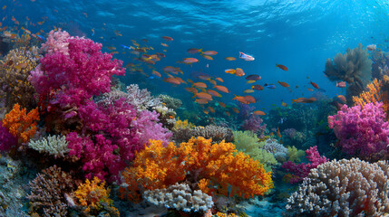 Fototapeta premium Underwater Coral Reef Scene with Vibrant Colors and Diverse Marine Life