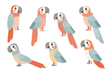 Parrot Collection: An eye-catching group of vibrant, tropical parrots in a flat, illustrative style.