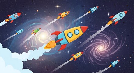 Colorful Rockets Soaring Through Space Near a Swirling Galaxy Illustration