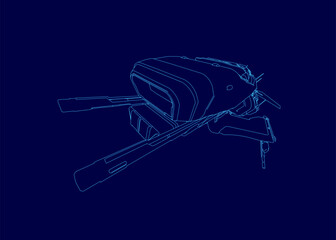 A sleek fighter spaceship blueprint with intricate contour details stands against a dark blue background, featuring sharp lines and futuristic elements.