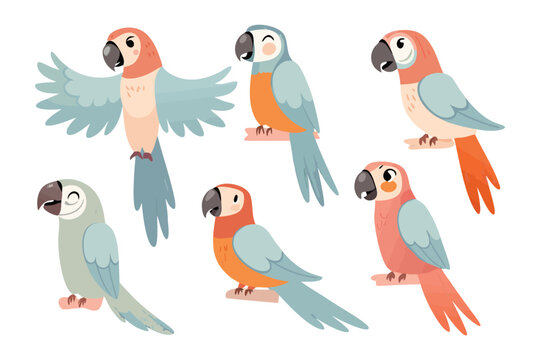 Vibrant Parrot Collection: A lively illustration showcasing six beautifully illustrated parrots, each with unique colorful feathers and expressions.
