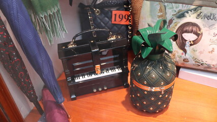 Women's accessories in a shop window, closeup of photo.