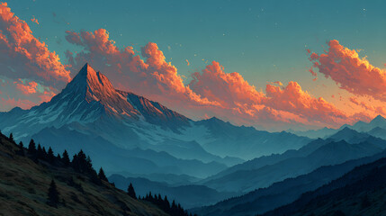Mountain sunrise with dramatic colors, stylized in bold illustration, HD realistic