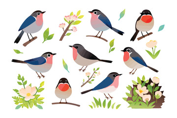 Joyful Bird Collection: A vibrant collection of cartoon birds with charming pink chests and playful postures. The birds are placed among delicate leaves and blossoming branches.