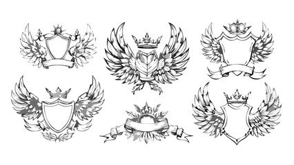 Collection of heraldic emblems with wings crowns and shields vector design set