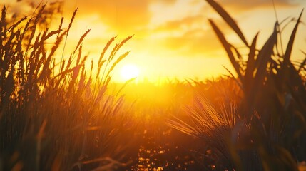 Naklejka premium Golden hour illuminates a field of wheat with a bright sun shining through the tall grass blades