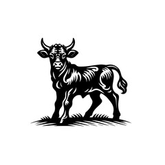 Fototapeta premium Stylized Black Silhouette of a Young Bull Standing on Grass.