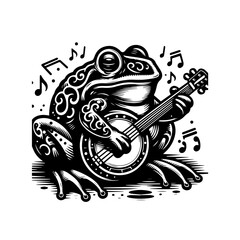 Whimsical Frog Musician Playing a Banjo with Musical Notes.
