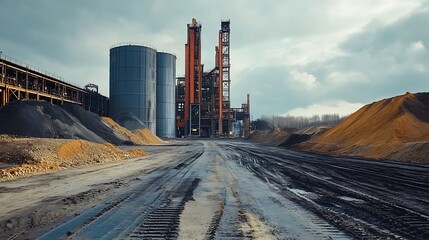 Industrial landscape featuring silos and metal structures under a cloudy sky in a wide angle view