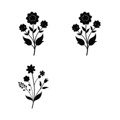 Three floral bouquets are silhouetted in black isolated on white background