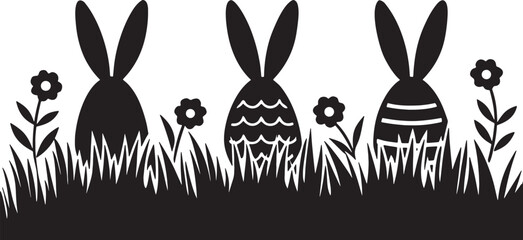 Fototapeta premium Black bunny silhouettes with flowers and grass rabbit