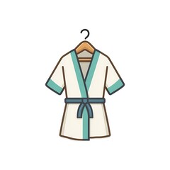 Stylized illustration of a white bathrobe with teal trim and a matching belt hanging on a wooden hanger isolated on white background