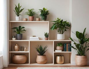 Cozy Minimalist Home Decor Shelves Displaying Houseplants and Books.Zoom Virtual Background, Cozy Interior Backdrop, Living Room Background, Virtual Meetings, modern living room with plant