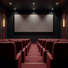Empty Movie Theater with Red Seats and Blank Screen