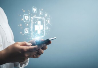 A person holds a smartphone displaying glowing medical icons with a bright cross at the center