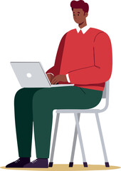 Man Sitting on Chair Working on Laptop Wearing Red Sweater and Green Pants Vector Illustration 
