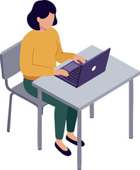 Woman working on laptop at table in casual clothing vector illustration 