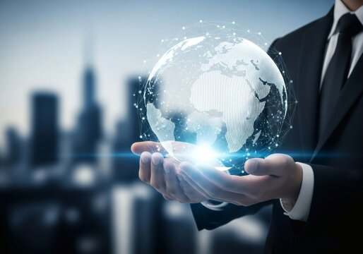 A person in a suit holds a glowing digital globe against a city skyline