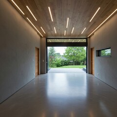 Obraz premium empty room with wooden floor, Modern Minimalist Garage Interior with LED Strip Lighting and Wooden Ceiling
