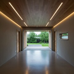 Obraz premium Modern Minimalist Garage Interior with LED Strip Lighting and Wooden Ceiling