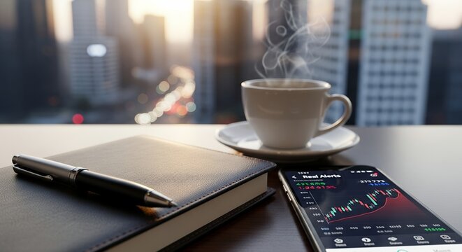 Morning Trading: Coffee, Charts, and City Views with Financial Analysis