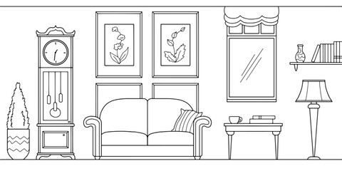 Living room graphic black white interior sketch illustration vector 