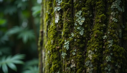 Obraz premium Close-up of tropical rainforest tree bark, moss-covered texture with lichen spots, green earthy palette.