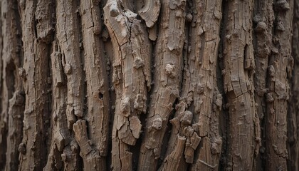 Naklejka premium Rough bark of walnut tree, deep and wide vertical fissures, aged wood appearance, dark brown hues, high-definition close-up.